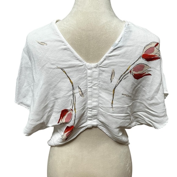 Zara White and Pink Fitted Short Sleeve Tee Size Medium Flowy Floral Viscose - Picture 5 of 10